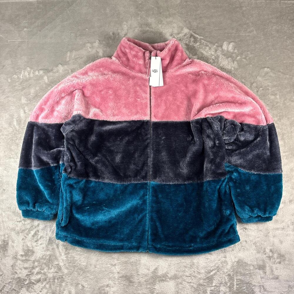 Deadstock NWT Uggs Elaina Colorblock Pink/Blue Faux-fur Jacket Size Medium - Picture 3 of 7